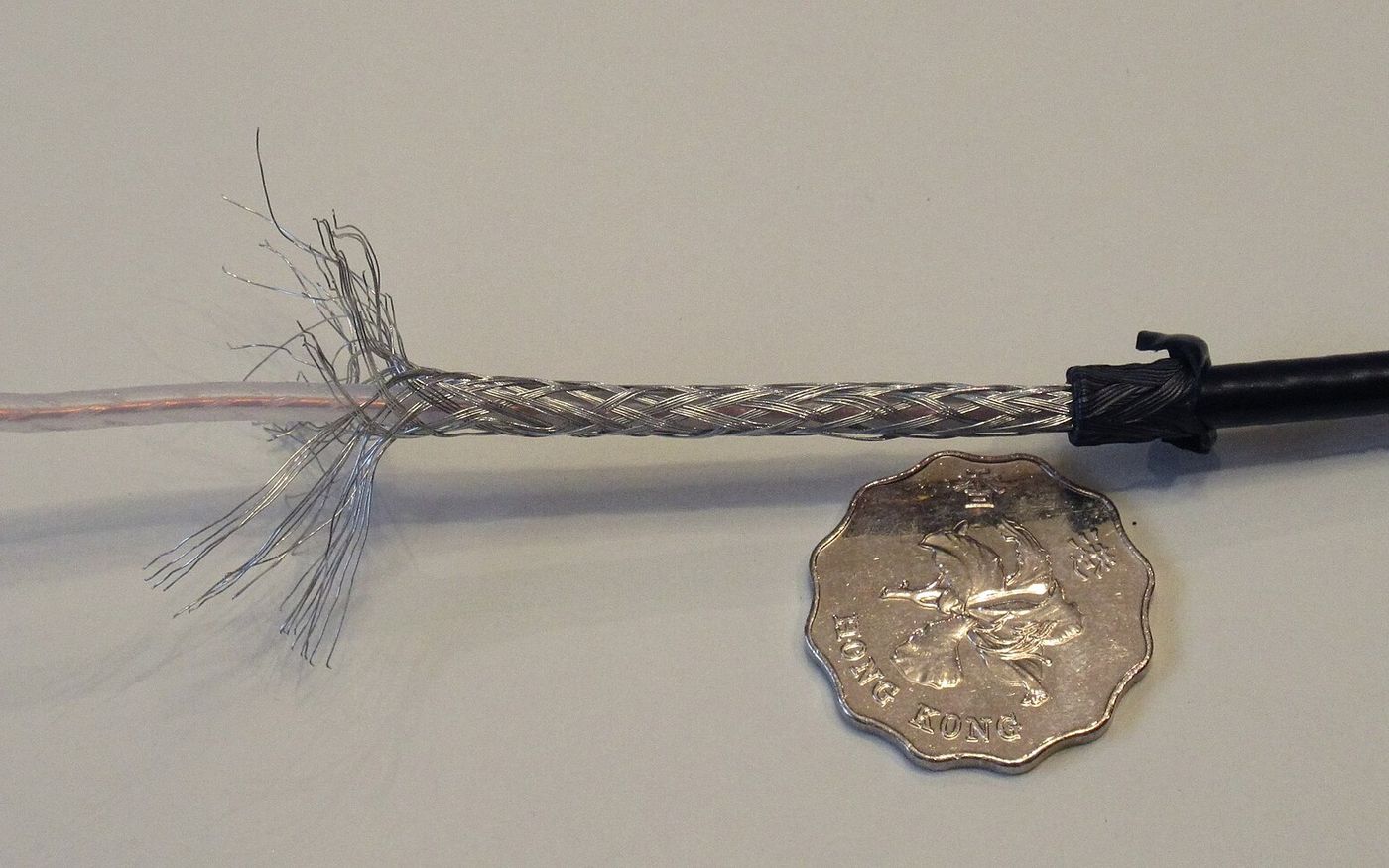 Braided outer conductor of a coaxial RF cable, stripped back for termination