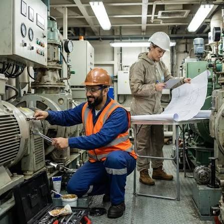 Engineers working on industrial electromechanical machinery assembly