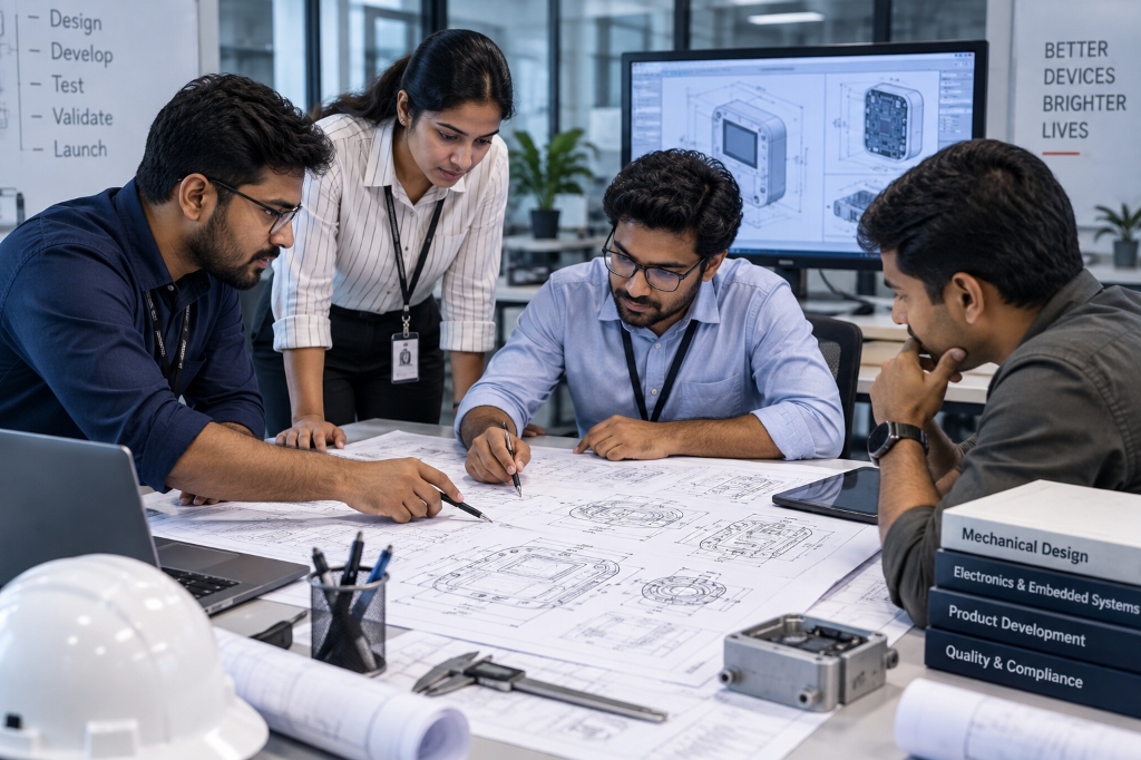 Engineering team reviewing blueprints and schematics around a table