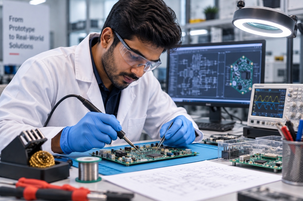 Engineer assembling and soldering prototype circuit board in laboratory